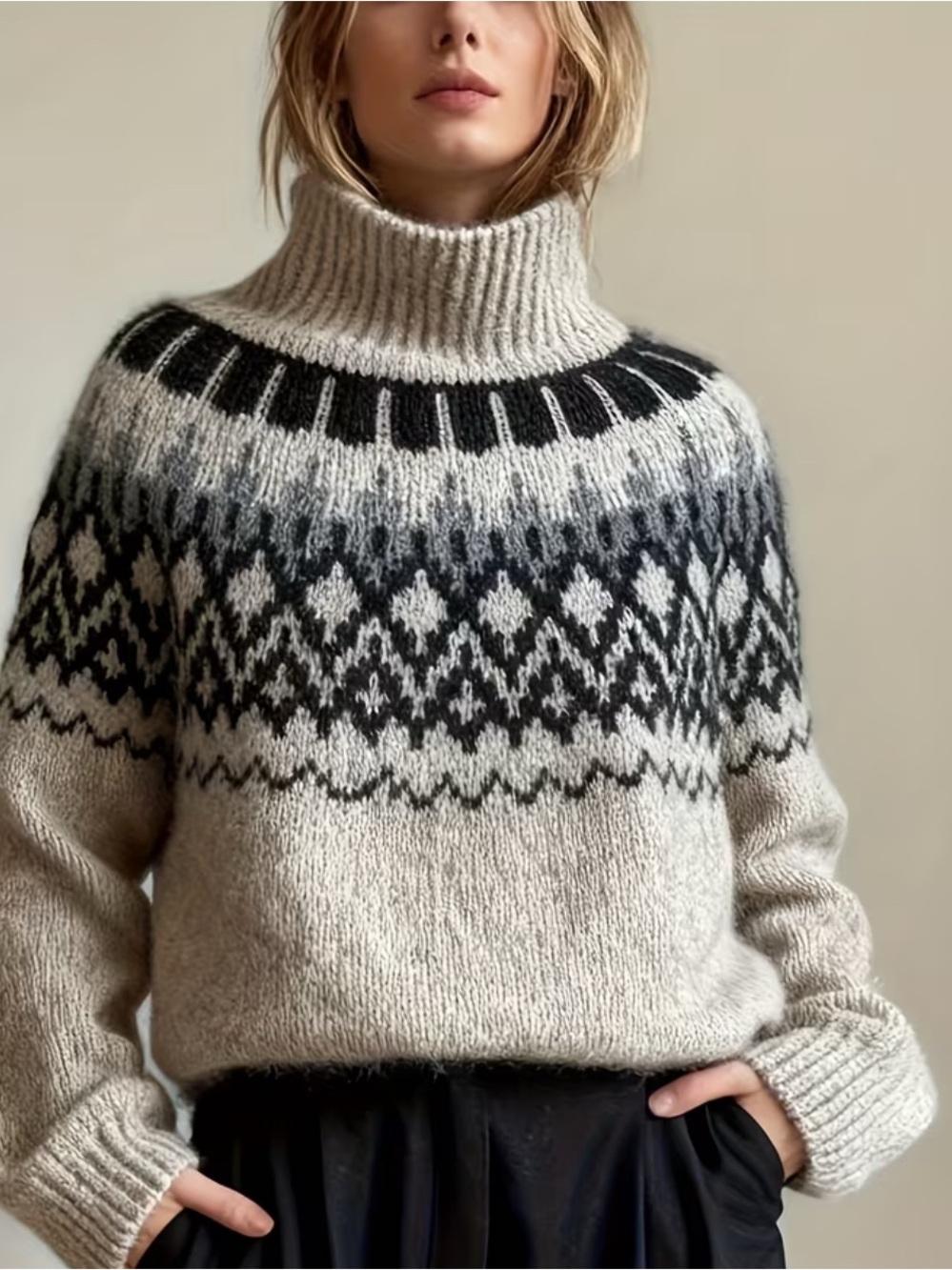 Fair Isle Nordic Turtleneck Sweater Super Soft Winter Knit